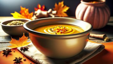 Un bol de velouté de courge musquée au gingembre posé sur une table rustique, avec des feuilles d'automne et des épices autour.