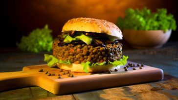 Un burger végétarien aux lentilles et champignons shiitake bien garni, posé sur une planche en bois rustique.
