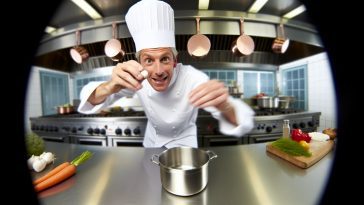 Un chef en train de préparer un plat gourmet dans une cuisine bien équipée.