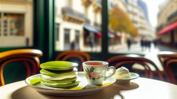 Des crêpes au matcha et à la ricotta joliment dressées sur une assiette, avec une tasse de thé à côté.