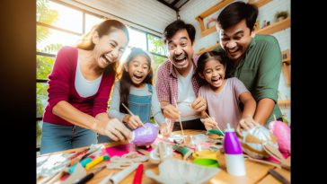 Une famille s'amusant ensemble à fabriquer des objets à partir de matériaux recyclés à la maison.