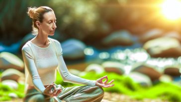 Une femme calme et sereine, assise en position de méditation dans un environnement paisible.
