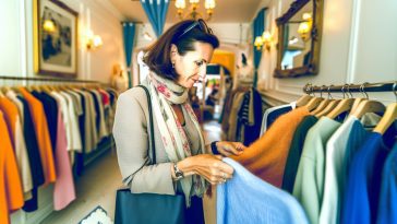 Une femme élégante regardant des vêtements dans une boutique de seconde main.