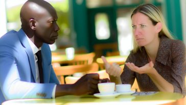 Une femme et un homme discutant autour d'une table, avec des expressions sérieuses et concentrées sur leurs visages.