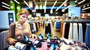 Une femme regardant attentivement des produits dans une boutique avec des étiquettes de réduction visibles.