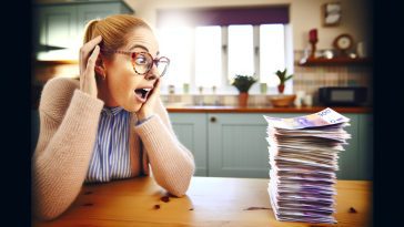 Une femme regardant avec surprise une pile de factures sur sa table.