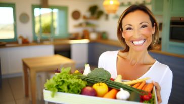 Une femme souriante avec une peau radieuse tenant un plateau de divers aliments sains et colorés.