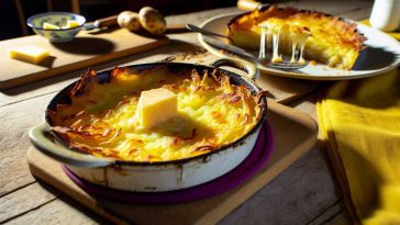 Un gratin doré et croustillant de panais et pommes de terre au comté, servi dans un plat à gratin sur une table rustique.