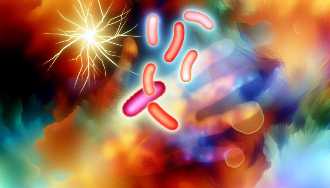 Un gros plan sur une main humaine avec une représentation stylisée de bactéries colorées qui semblent flotter au-dessus.