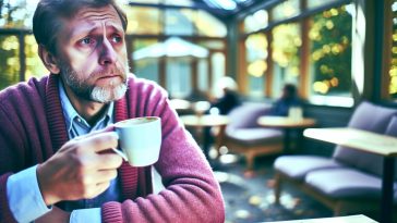 Un homme assis seul, l'air pensif et préoccupé, tenant une tasse de café.