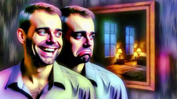 Un homme souriant en regardant son reflet dans un miroir, mais son reflet semble triste.