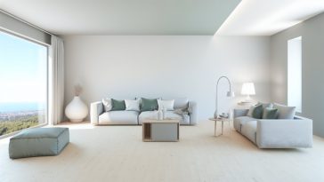 Un intérieur épuré avec des meubles minimalistes, des couleurs douces et une lumière naturelle apaisante.