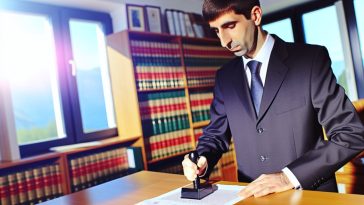 Un notaire en train de tamponner un document officiel dans son bureau.