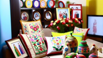 Des objets de décoration faits maison, comme des coussins brodés, des vases peints et des cadres photo personnalisés, disposés harmonieusement dans un salon.