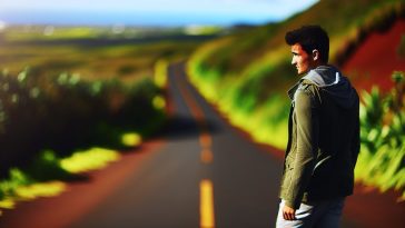 Une personne seule marchant sur une route sinueuse éloignée, regardant par-dessus son épaule.