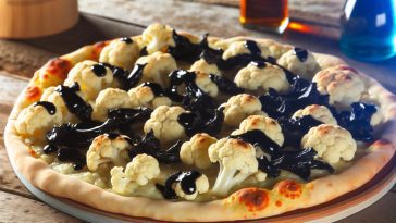 Une pizza au chou-fleur garnie de sauce à l'ail noir, posée sur une table rustique.