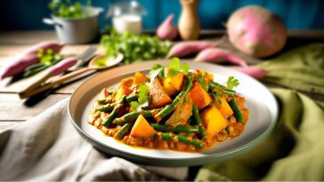 Un plat de curry coloré avec des patates douces et des haricots verts, garni de coriandre fraîche.
