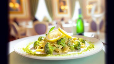 Un plat de pâtes garni de brocoli et de citron, nappé d'une sauce onctueuse.