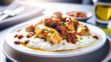 Un plat de poulet au yaourt et épices marocaines joliment présenté sur une table.