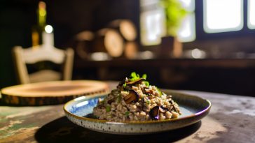Un plat de risotto aux champignons sauvages soigneusement préparé, présenté dans une assiette élégante sur une table rustique.