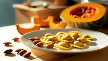 Des raviolis maison à la courge et à l'amande disposés joliment dans une assiette, avec des tranches de courge et des amandes entières à côté.
