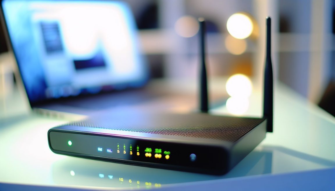 Un routeur wifi moderne sur un bureau avec un ordinateur portable en arrière-plan.