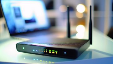 Un routeur wifi moderne sur un bureau avec un ordinateur portable en arrière-plan.