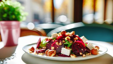 Une salade colorée avec des tranches de betteraves rôties, des morceaux de fromage de chèvre et des noisettes éparpillées, présentée de manière appétissante sur une assiette.