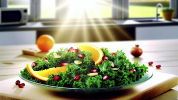 Une salade de kale fraîche et colorée garnie de morceaux d'orange et de graines de grenade.