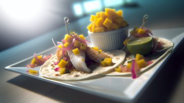 Des tacos de poisson garnis de salsa de mangue et gingembre, présentés de manière appétissante sur une assiette.