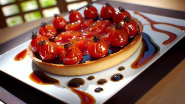 Une tarte Tatin aux tomates cerises et caramel balsamique, joliment présentée sur une assiette.