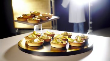 Des tartelettes aux poireaux et fromage de chèvre bien dorées et appétissantes disposées sur une belle assiette de présentation.