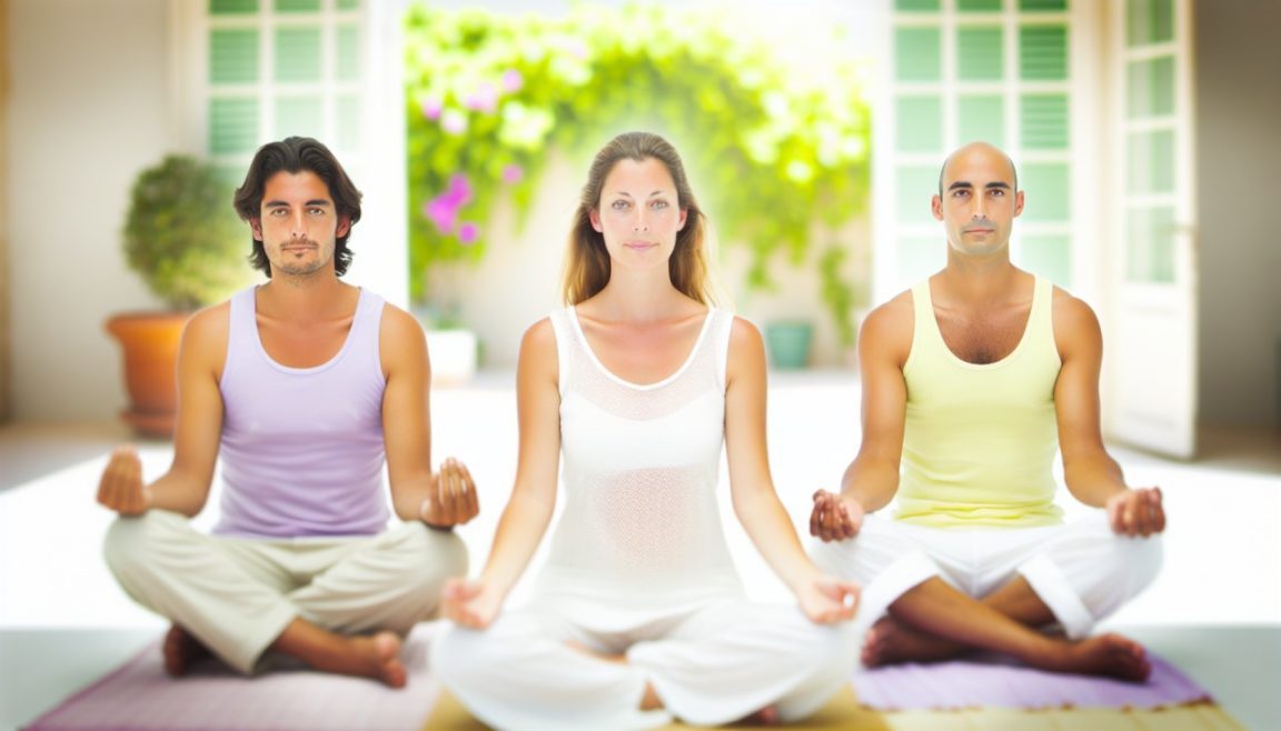 Trois personnes en position de méditation, symbolisant la patience et la sérénité.