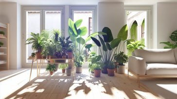 Une variété de plantes d'intérieur luxuriantes disposées dans un salon lumineux et aéré.