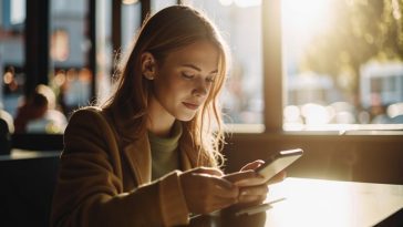 Femme qui lis un article sur telephone