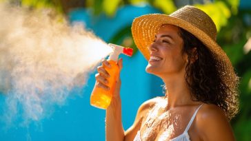 femme qui se rafraichie avec un brumisateur