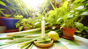 Une bougie allumée sur une table de jardin, entourée de plantes, avec de la citronnelle éparpillée autour.