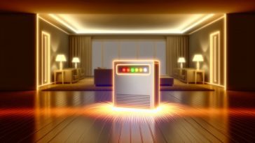 Une box internet allumée dans un salon vide.