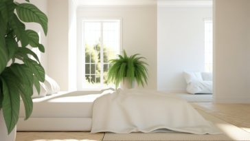 Une chambre à coucher épurée et minimaliste avec un lit blanc, un tapis neutre, une plante verte et une lumière douce.