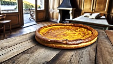Une galette comtoise bien dorée posée sur une table rustique, prête à être dégustée.