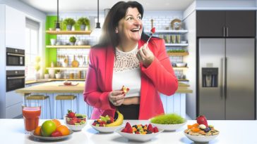 Quatre collations saines et attrayantes disposées sur une table avec une personne d'âge moyen en arrière-plan faisant de l'exercice.