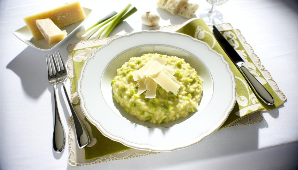 Un plat de risotto crémeux aux poireaux, garni de parmesan, posé sur une table élégamment dressée.