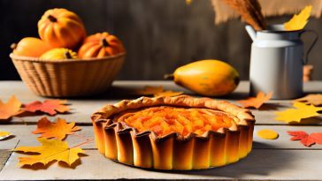 Une tarte au potimarron bien dorée posée sur une table rustique, entourée de feuilles d'automne et de potimarrons.