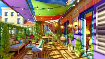Une terrasse aménagée avec des plantes, des meubles confortables et des éléments de décoration relaxants comme une petite fontaine ou des lumières tamisées.
