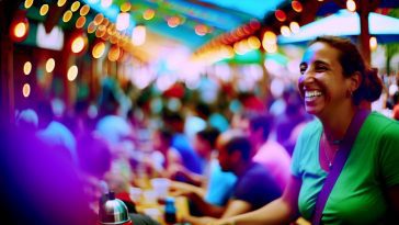 Une personne souriante au milieu d'un groupe d'amis dans un parc, tous semblent passer un moment agréable.