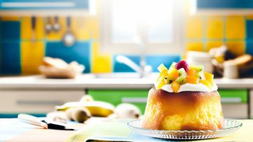 Un baba au rhum bien doré et moelleux, surmonté de crème et de fruits, sur une table de cuisine.