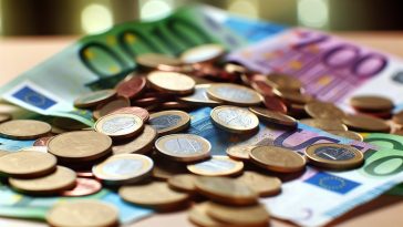 Des billets de banque et des pièces de monnaie éparpillés sur une table, symbolisant la dépense excessive.