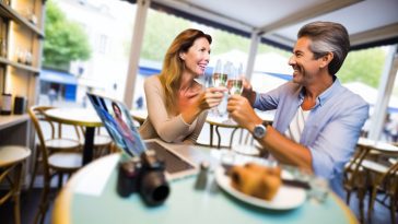 Un couple heureux et détendu, assis à une table de café ou de bar, en train de boire un verre ensemble.