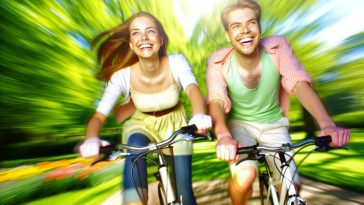 Un couple heureux et souriant, en train de faire du vélo ensemble à grande vitesse.
