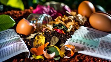 Des déchets ménagers comme des coquilles d'oeufs, du marc de café, des épluchures de légumes, des feuilles mortes et du papier journal, disposés sur un sol de jardin fertile.